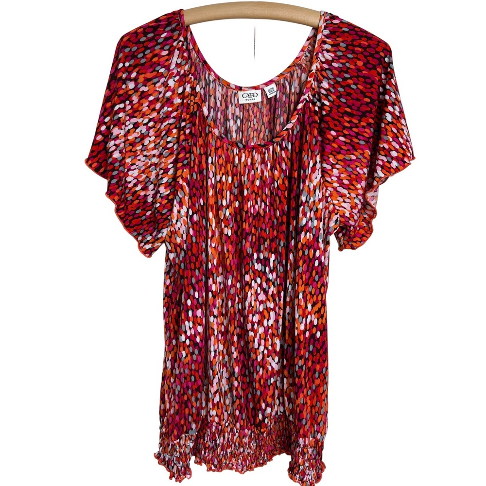 Cato Woman Blouse Plus Size 22/24W Red Multi Dot Smocked Hem Flutter Sleeve A68